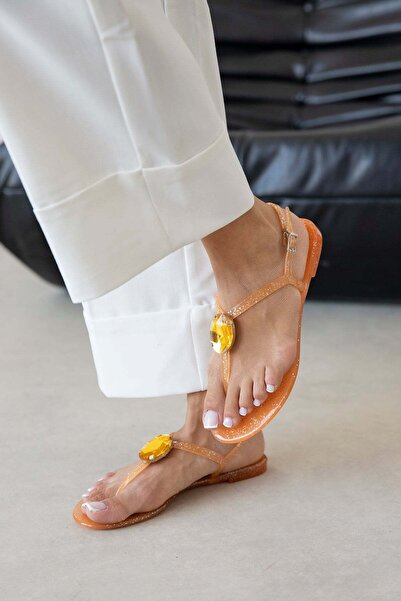 STRASWANS Emilia Women's Stone Detailed Flip Flop Gel Sandals Orange