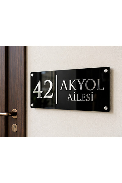 Ronson Kişiye Özel Siyah Gümüş Pleksi Kapı İsimliği Apartman Daire Kapı Tabel...