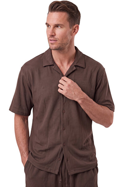 DeepSEA Brown Apaş Collar Textured Cotton Men's Shirt – Lycra Short Sleeve Sh...