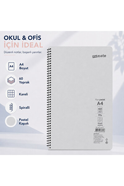 Mynote Flex Pastel A4 60 Yaprak 60 gr Spiralli Kareli Defter