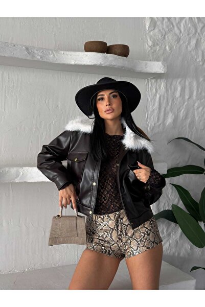 VESS MODA Yakası Pelüş Kürklü Premium Kalite İçi Astarlı Deri Ceket
