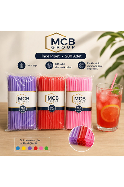 Mçb Group İnce Körüklü Pipet 200 Adet Renkli Plastik Pipet | Renkler Stok Durumuna Göre Değişebilir