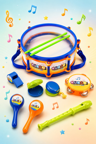RCO Set Instrumente Muzicale 9 Piese pentru Copii, Tobă, Flaut, Maracas, Tamb...