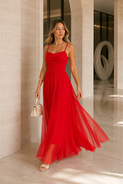 1434 Polo State Women's Red Thin Strap Draped Gathered Tulle Detailed Long Ev...