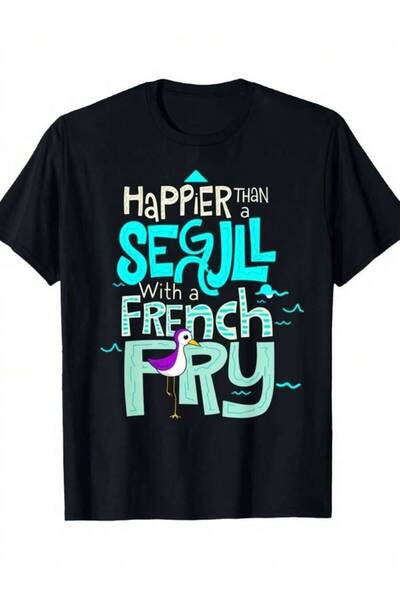 21JNRY تي شيرت برسومات Happy Than Seagull مع رسومات البطاطس المقلية |   تي شي...