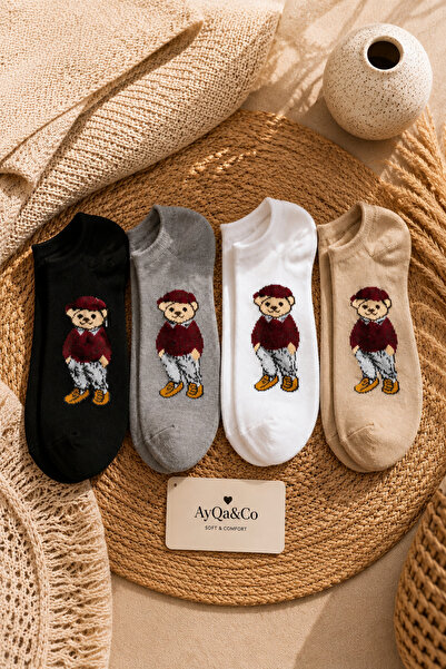 AYQAANDCO Unisex 4'lü Pamuklu Ayıcık Desenli Patik Çorap