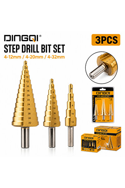 DINGQI Set de 3 burghie etajate pentru metal 4–12 mm / 4–20 mm / 4–32 mm HSS ...