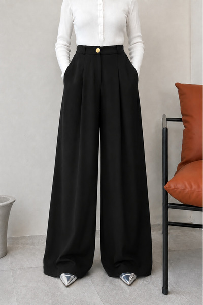 Tesettür Diyarı Kali Pleated Pocket Palazzo Fabric Trousers - Black