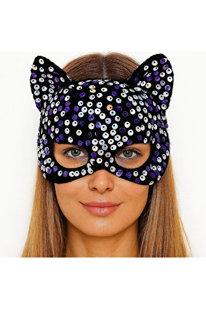 evimdeyokyok Purple and White Sequined Party Mask on Black Velvet Fabric 16X1...