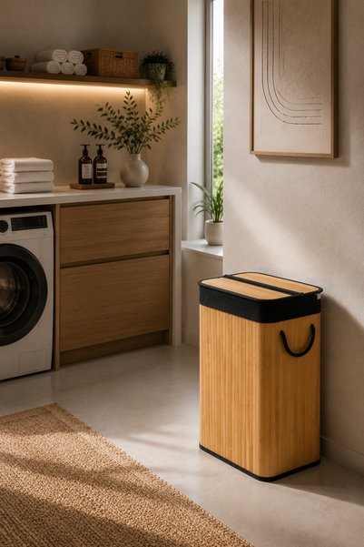 NATUREL DEKOR Bambu Siyah Detay Sabit Kapaklı Kirli Çamaşır Sepeti 40x30x60 c...
