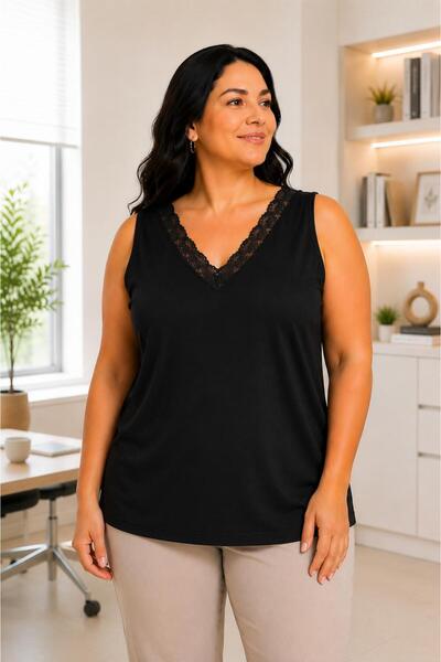 Gülmina Moda Women's Plus Size Front and Back V-Neck Lace Tank Top