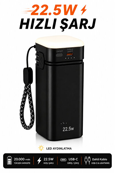 RAYLAX 20000 mAh 22.5W Hızlı Şarjlı Powerbank Dahili USB-C & Lightning Kablol...