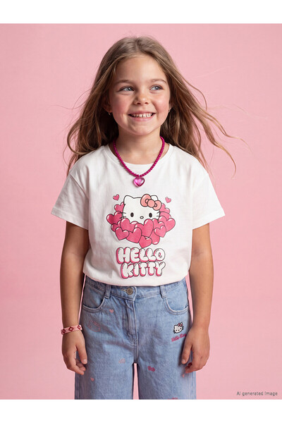 LC Waikiki Trendlucky Oval Collar Hello Kitty Printed Girls' T-Shirt with a D...