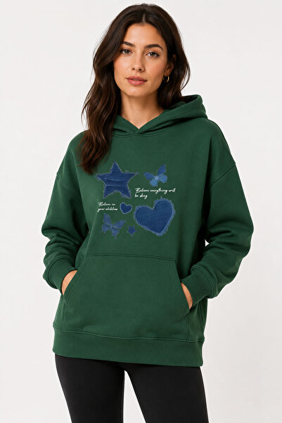 herkesemoda Denim Effect Printed Hooded 2 Thread Threaded Sweatshirt