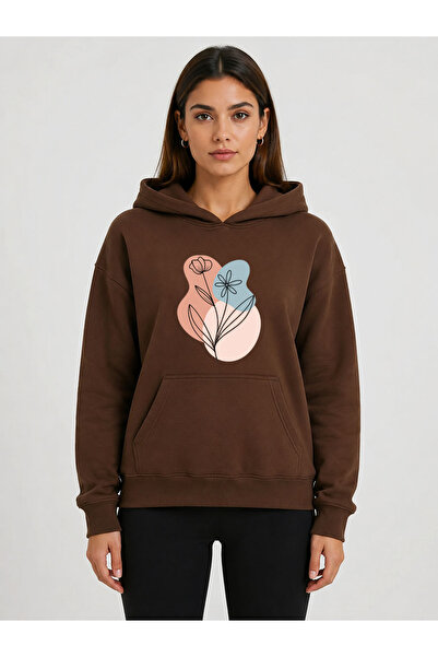 herkesemoda Floral Printed Hooded 2 Thread Threaded Sweatshirt