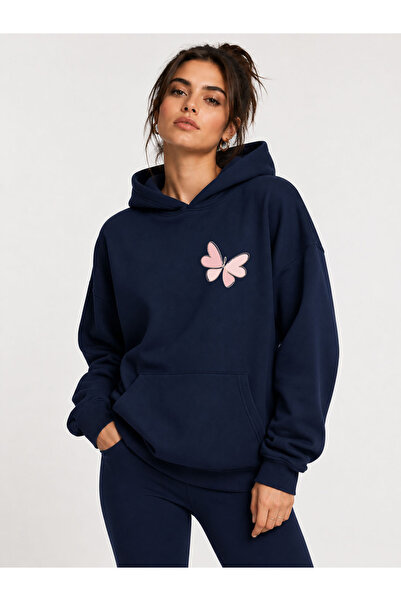 herkesemoda Butterfly Printed Hooded 2 Thread Threaded Sweatshirt