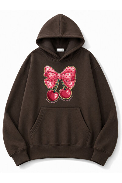 herkesemoda Ribbon Cherry Printed Hooded 2 Thread Threaded Sweatshirt