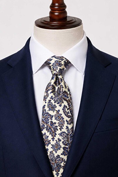 Kravatkolik Cream Navy Blue Shawl Pattern Italian Silk Tie İk2539