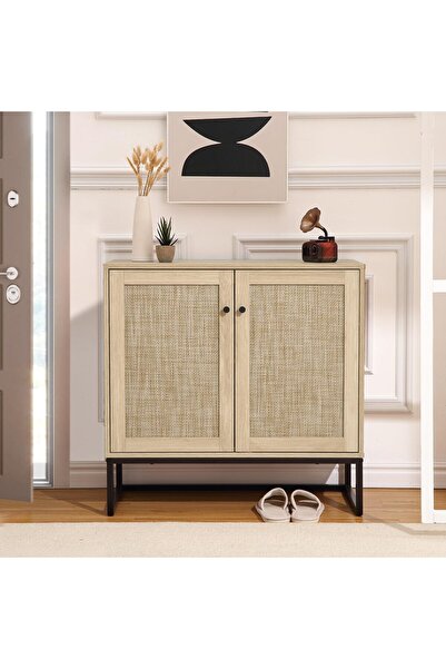 Garvee 2-Door Rattan Storage Cabinet, Sideboard Buffet Accent Cabinet, Farmho...