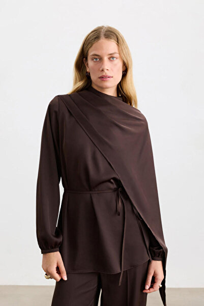 BE BLUE Satin Blouse with Brown Shawl Detail