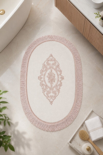 Bonny Home Powder Lace Non-Slip Leather Based Oval Bath Mat with Tassels Wash...