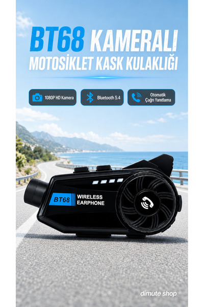 Dimute Shop BT68 Kameralı Motosiklet Kask İnterkomu 1080P HD Bluetooth 5.4 Ot...