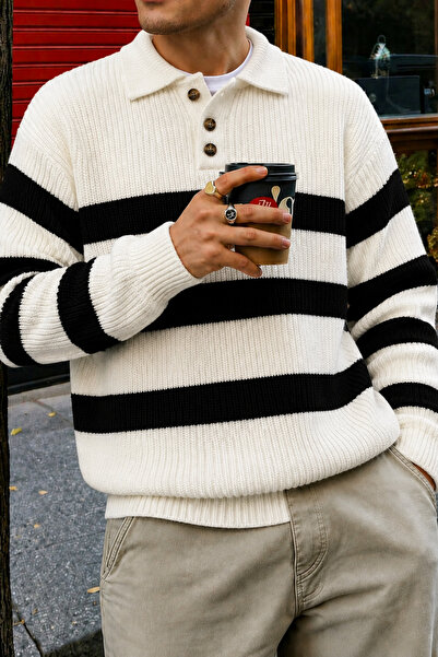 Tarz Cool Men's Striped Polo Collar Knitwear Sweater Regular Comfortable Fit ...