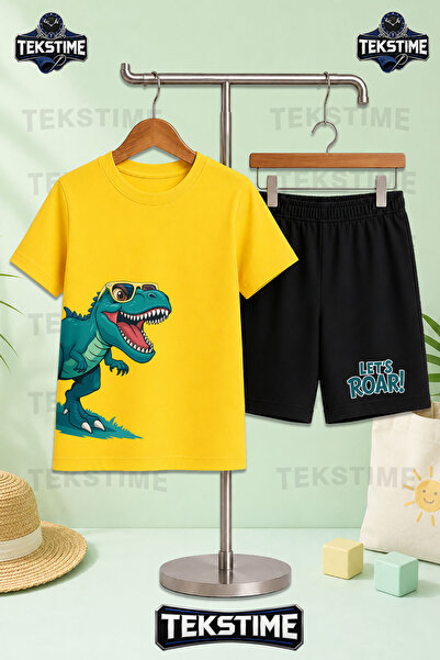 TEKSTIME Unisex Çocuk Tişört - Şort Takım Dinazor Gözlüklü Yeşil Yandan Baskı...