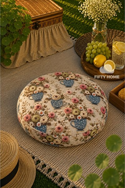 Fifty Home Yuvarlak Piknik Minderi & Piknik yastığı & Puf 37x14 cm | Çıkarıla...