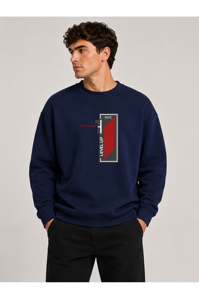 herkesemoda Level up Pattern Printed Crew Neck 2 Thread Sweatshirt
