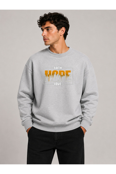 herkesemoda Hope Pattern Printed Crew Neck 2 Thread Sweatshirt