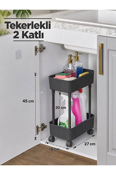 Diez Tekerlekli 2 Katlı Mutfak ve Banyo Düzenleyici Organizer Raf | Lavabo Altı Çok Amaçlı Depolama Arabası | 18x27x45 cm | Koyu Gri