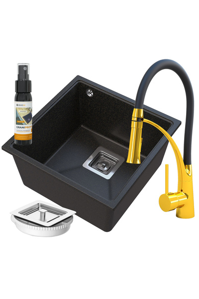 Granitan Set Chiuveta Granit NAPO 420, Negru Pete Aurii, 42x42cm, Baterie Nex...