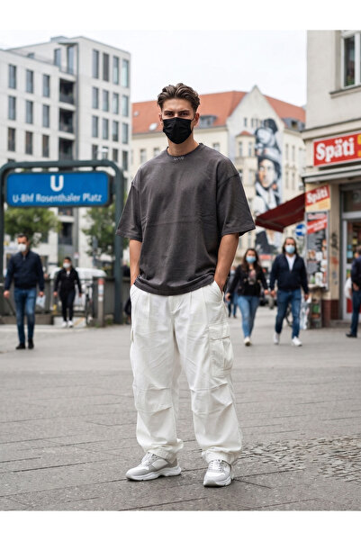 Antrasit Örme Keten Görünümlü Oversize Düz Basic T-Shirt