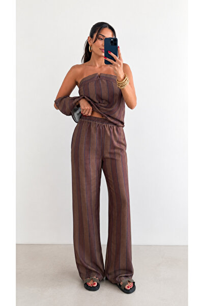 My Blog Brown Striped Wide-Leg Linen Trousers