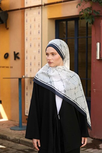 ENRİCO FERRİ Allure Linea Patterned Tencel Shawl - Navy Blue and White