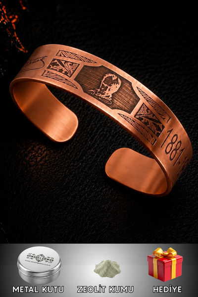 OSMANLI GÜMÜŞ Men's Copper Bracelet Handmade with Atatürk Motif Adjustable Me...