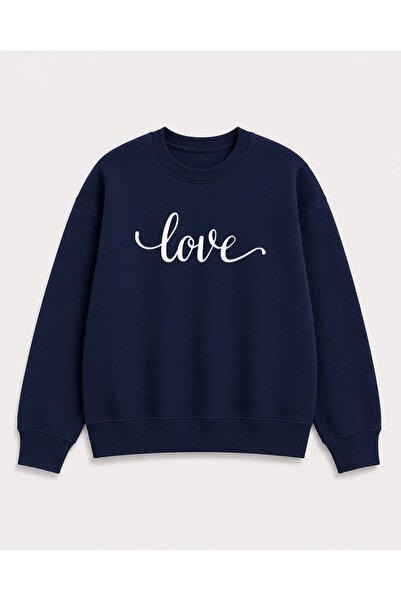 herkesemoda Love Text Print Detailed Embroidered 2 Thread Crew Neck Sweatshirt