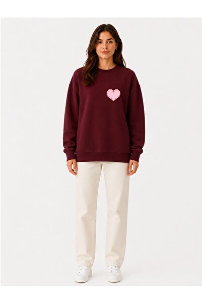 herkesemoda Minimal Heart Print Detailed Shirred 2 Thread Crew Neck Sweatshirt
