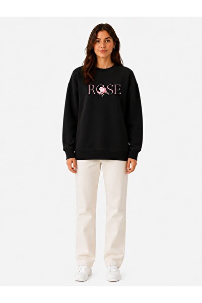 herkesemoda Rose Print Detailed Embroidered 2 Thread Crew Neck Sweatshirt