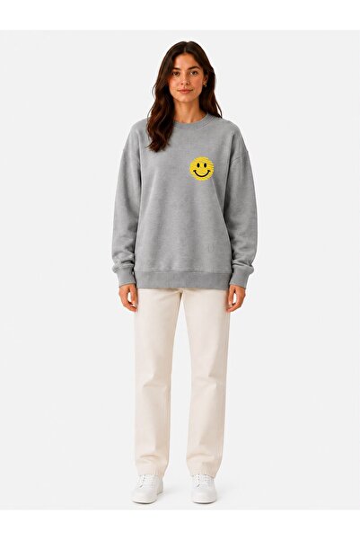 herkesemoda Hanorac cu imprimeu emoji, detaliat, cu 2 fire, cu guler tip crew...
