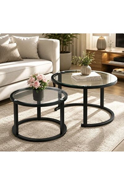Generic Brand Set 2 mese de cafea rotunde, blat din sticla, cadru metalic, di...