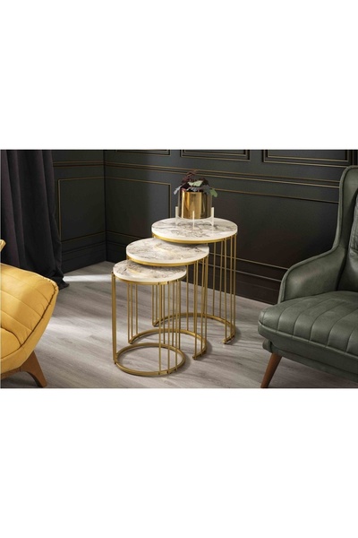 Vivense ROMA ZİGON SEHPA, METAL AYAKLI, MERMER DESENLİ GOLD