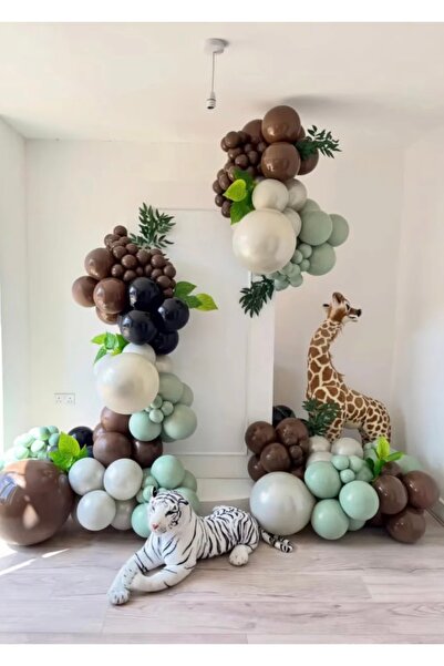 Çemrek Süs Parti Chocolate Brown Retro White Winter Green Safari Balloon Chai...