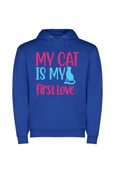 iLovePrints Feline Affection: My First Love Φούτερ με κουκούλα σε χρώμα Μπλε