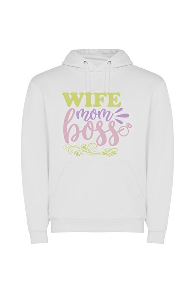 iLovePrints Wife, Mama, Boss Babe Φούτερ με κουκούλα σε χρώμα Λευκό