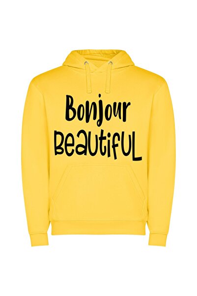 iLovePrints Bonjour Noir et Blanc Φούτερ με κουκούλα σε χρώμα Κίτρινο