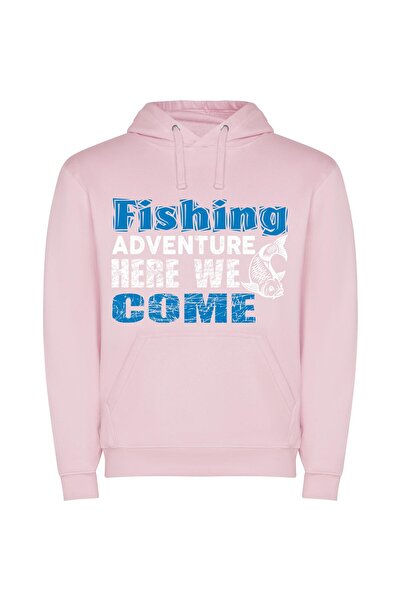 iLovePrints Blue-White Fishing Welcomes All Φούτερ με κουκούλα σε χρώμα Ροζ