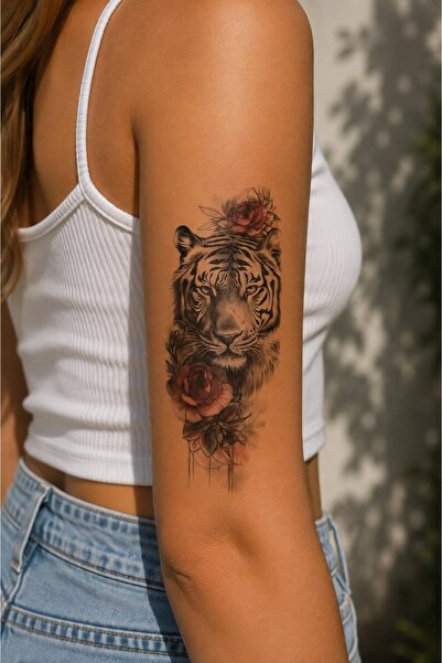 velcstudio Kaplan ve Gül Figürlü Geçici Dövme Tattoo – Renkli Büyük Kol Omuz ...