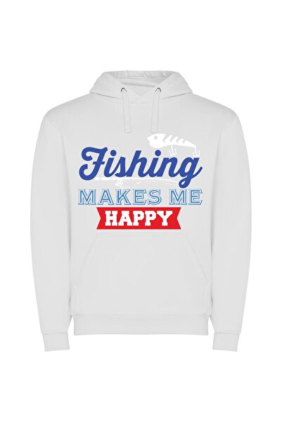 iLovePrints Fishing Bliss: Pure Happiness! Φούτερ με κουκούλα σε χρώμα Λευκό